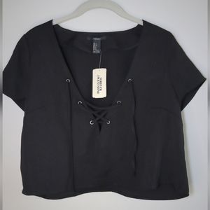 New w tag V neck front tide short sleeve crop top blouse black sz S